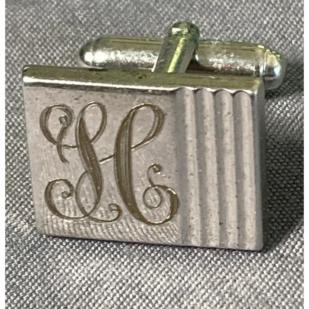 Cuff Links Silver Stamped Monogrammed “H” Vintage Mid-20th Century Design